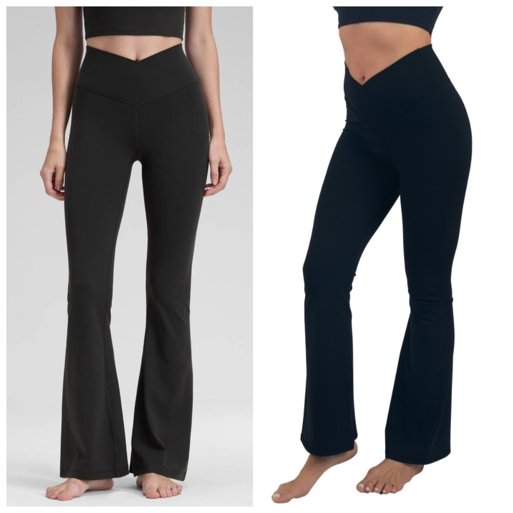 AYM Studio Black Flare Leggings V Waist High Rise Yoga Pants Bamboo Stretch L